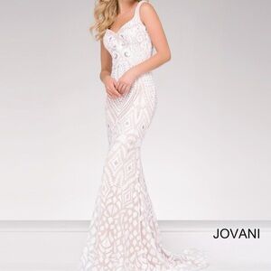 Jovani Ivory Embellished Patterned Formal Dress
